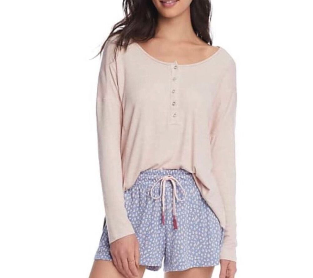 Splendid $68 Modal Henley & Shorts 2Pc Pajama Set Pink Blue large NWT